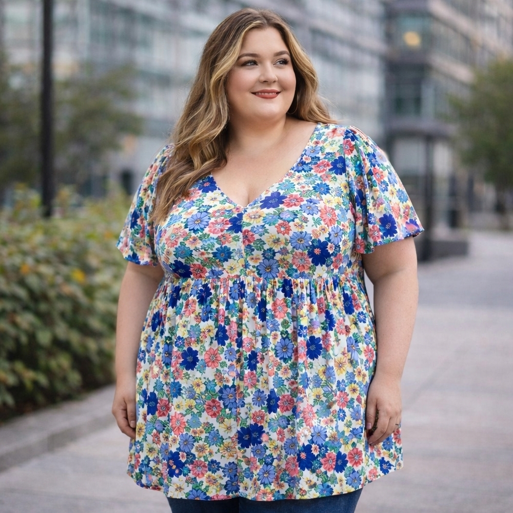 Mystyle Plus Size Floral Babydoll Top Square Neck Smocked Back Short Sleeve